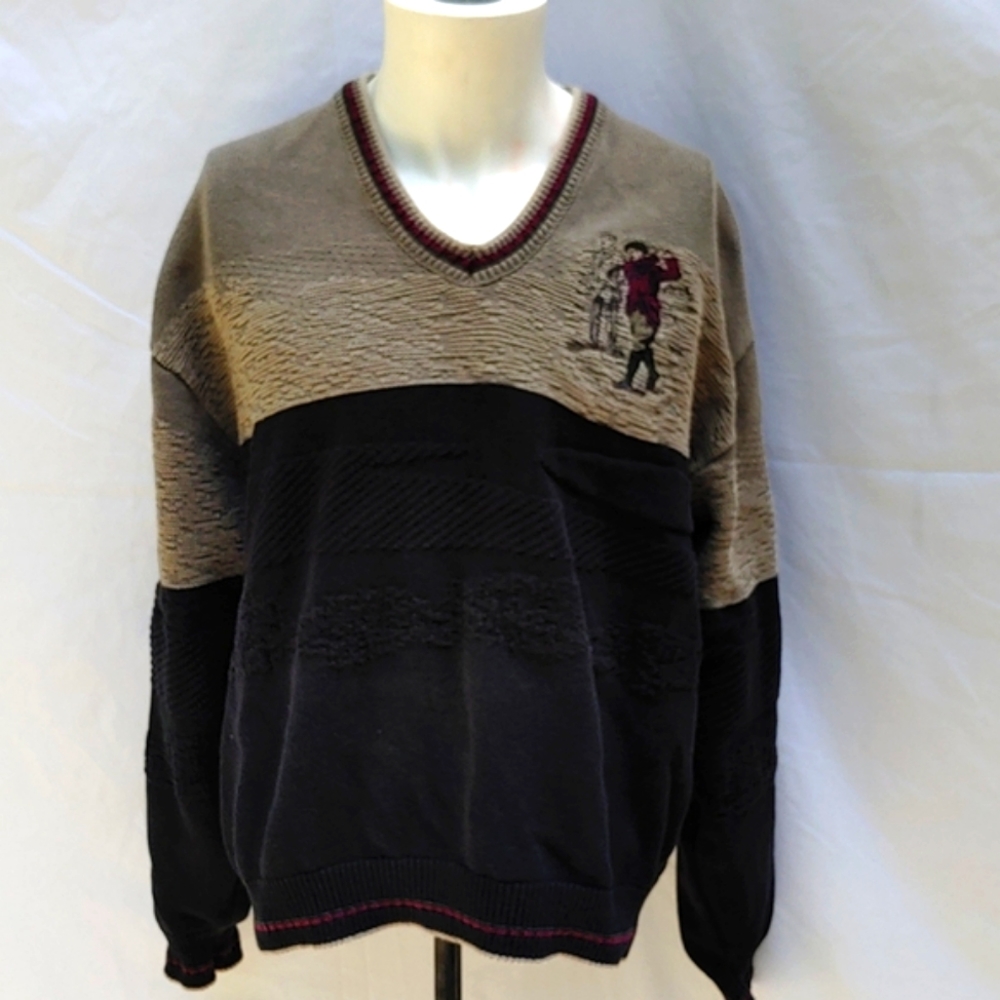 Vintage Sutter and Grant golf sweater, great embroidery, tan & garnet, L